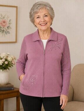 Alfred Dunner Garden Rose Embroidered Full Zip Sweater Size 6P NWT Cozy Lightwt